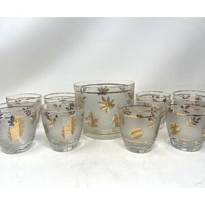 Vintage MCM Bar Libby Golden Foliage Leaf Glasses & Ice Bucket Set Of 8 Glasses